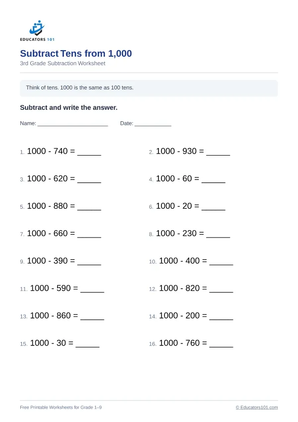 Subtract Tens from 1,000 worksheet 10 — 3rd Grade