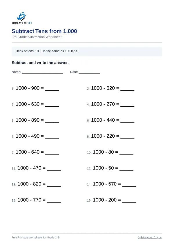 Subtract Tens from 1,000 worksheet 13 — 3rd Grade