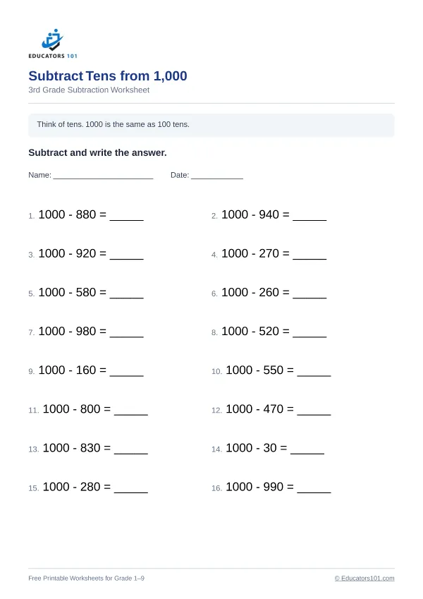 Subtract Tens from 1,000 worksheet 14 — 3rd Grade