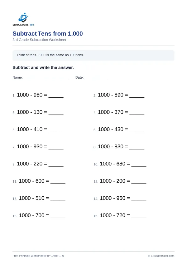 Subtract Tens from 1,000 worksheet 15 — 3rd Grade