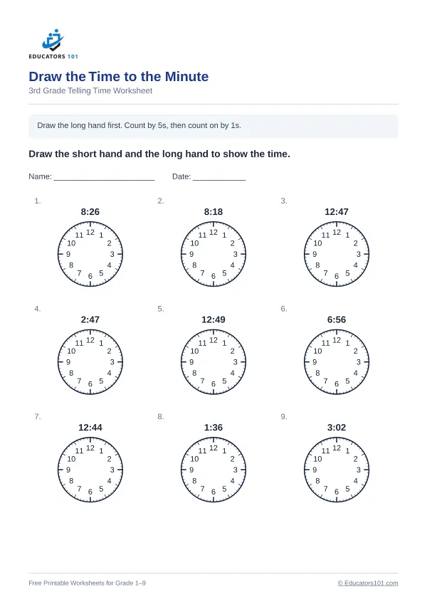 Draw the Time to the Minute worksheet 11 — 3rd Grade