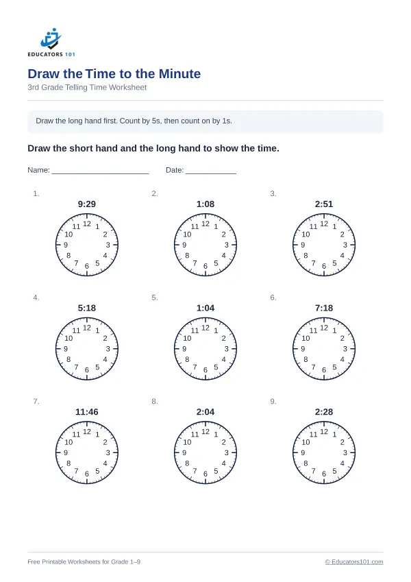 Draw the Time to the Minute worksheet 14 — 3rd Grade