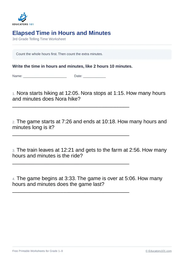 Elapsed Time in Hours and Minutes worksheet 9 — 3rd Grade