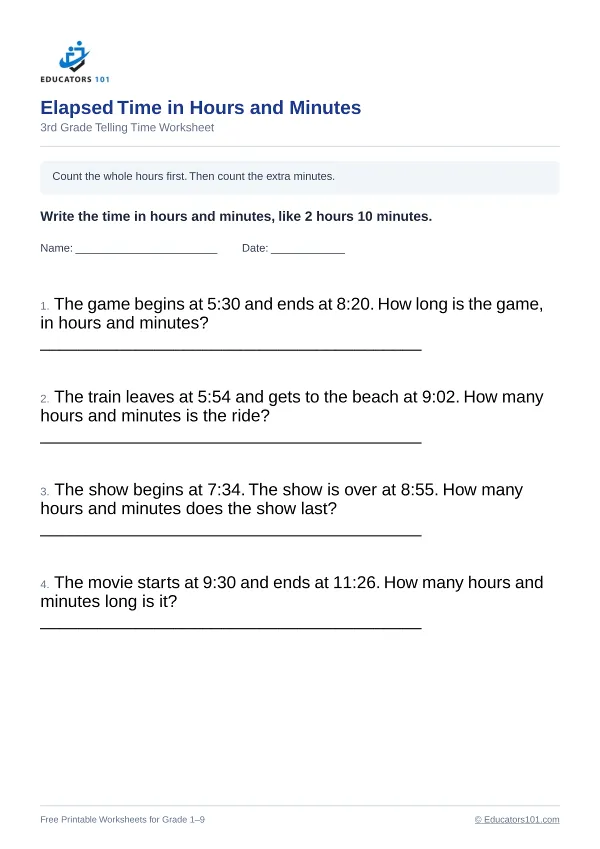 Elapsed Time in Hours and Minutes worksheet 15 — 3rd Grade