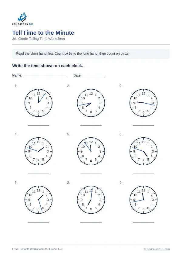 Tell Time to the Minute worksheet 2 — 3rd Grade