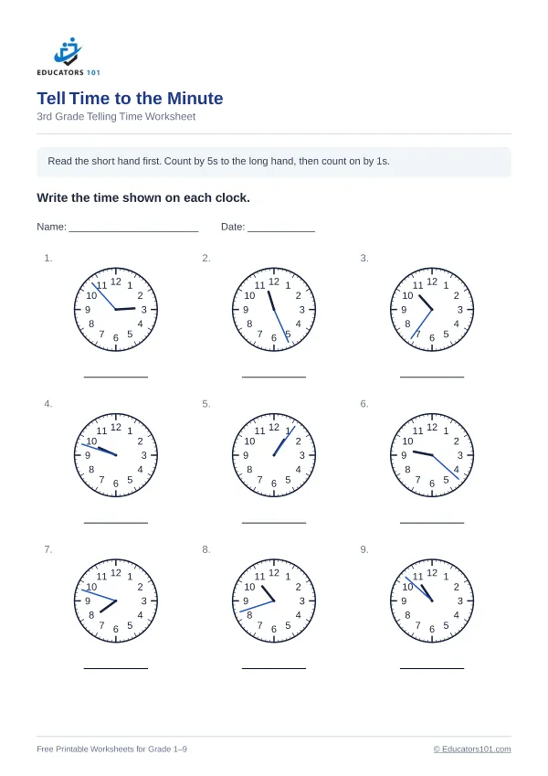 Tell Time to the Minute worksheet 4 — 3rd Grade