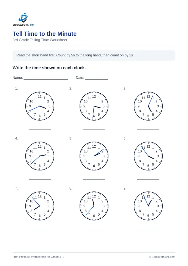 Tell Time to the Minute worksheet 5 — 3rd Grade