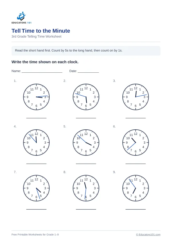 Tell Time to the Minute worksheet 6 — 3rd Grade