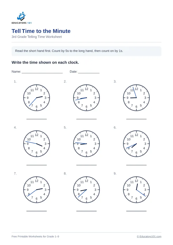 Tell Time to the Minute worksheet 8 — 3rd Grade