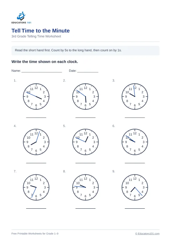 Tell Time to the Minute worksheet 9 — 3rd Grade