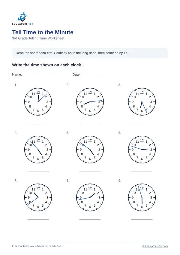 Tell Time to the Minute worksheet 10 — 3rd Grade