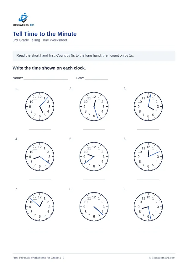 Tell Time to the Minute worksheet 11 — 3rd Grade