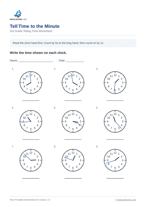 Tell Time to the Minute worksheet 12 — 3rd Grade
