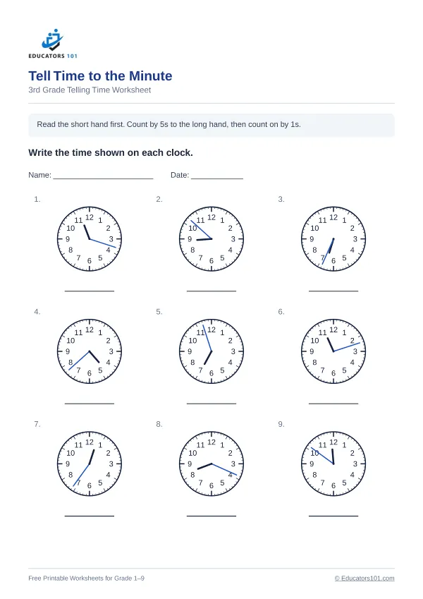 Tell Time to the Minute worksheet 13 — 3rd Grade