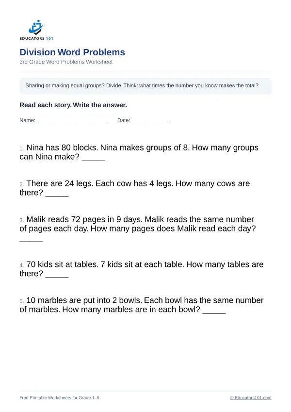 Division Word Problems worksheet 1 — 3rd Grade