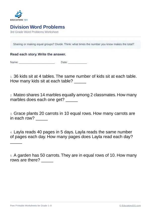 Division Word Problems worksheet 2 — 3rd Grade