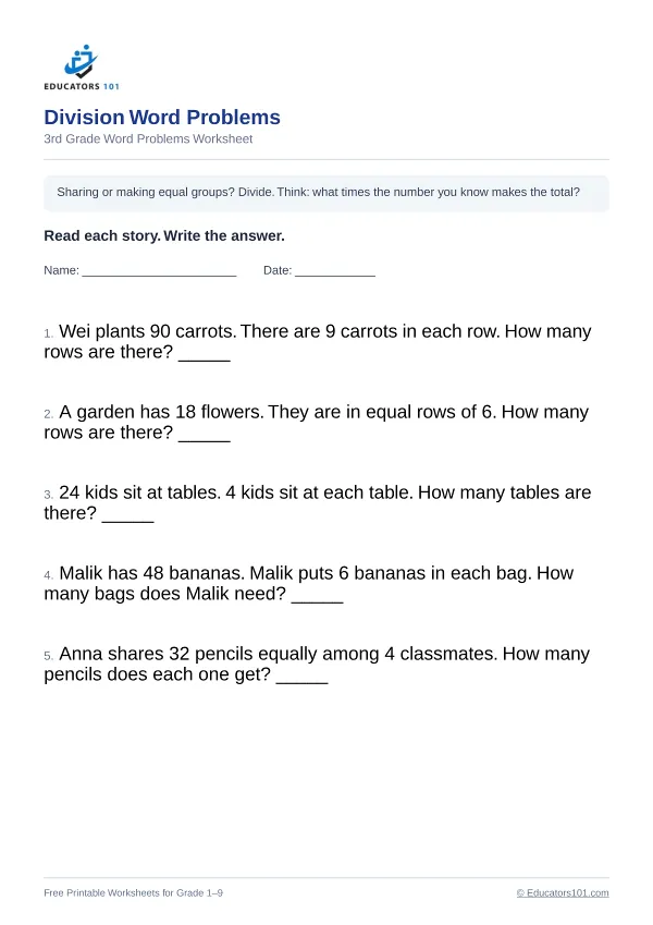 Division Word Problems worksheet 3 — 3rd Grade