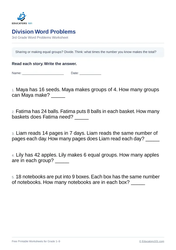 Division Word Problems worksheet 4 — 3rd Grade
