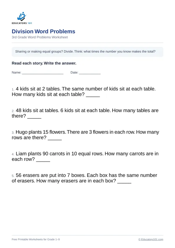 Division Word Problems worksheet 5 — 3rd Grade