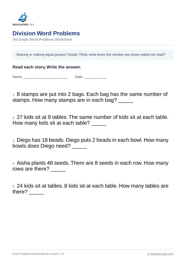 Division Word Problems worksheet 6 — 3rd Grade