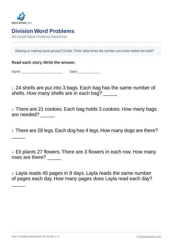 Division Word Problems worksheet 7 — 3rd Grade
