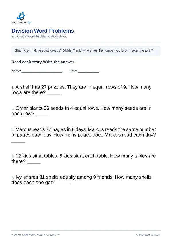 Division Word Problems worksheet 8 — 3rd Grade