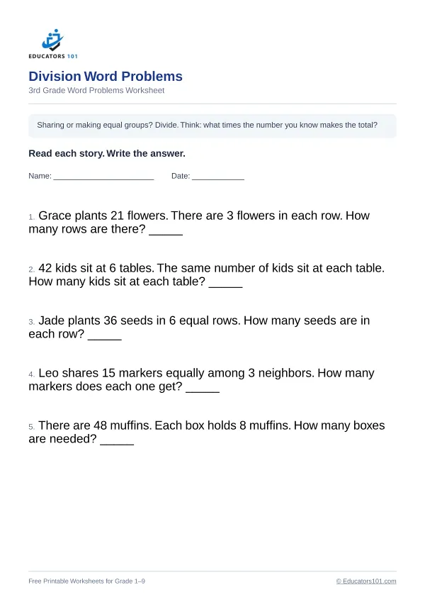 Division Word Problems worksheet 9 — 3rd Grade