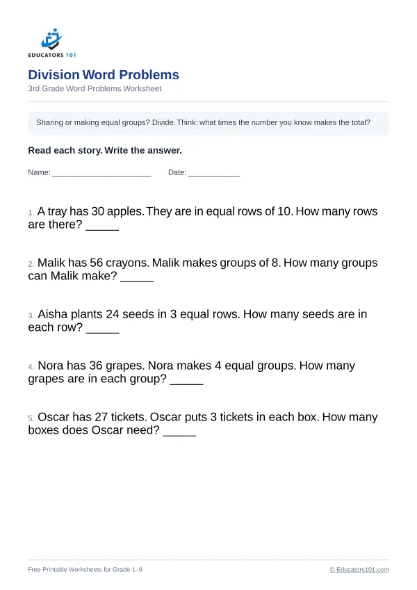 Division Word Problems worksheet 10 — 3rd Grade