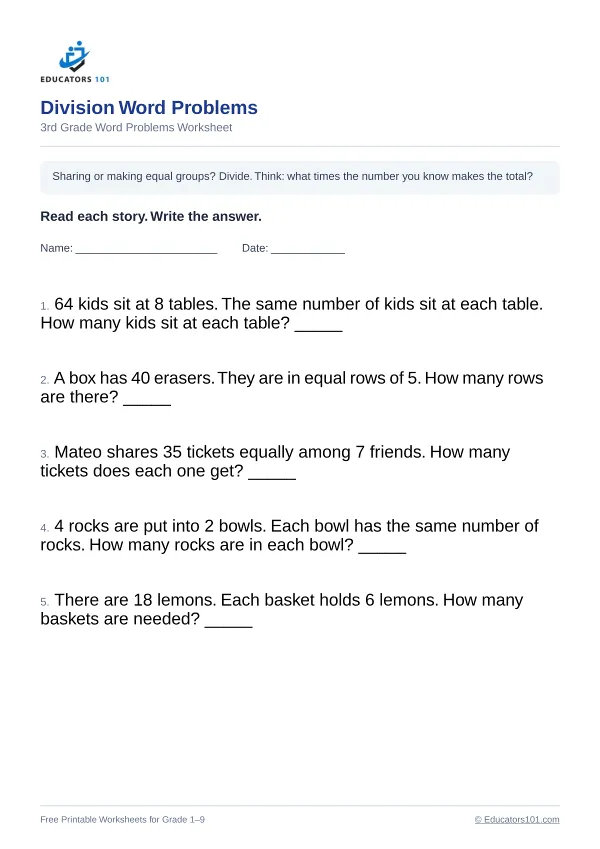 Division Word Problems worksheet 11 — 3rd Grade