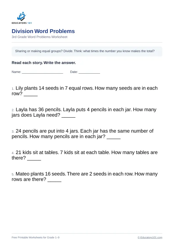 Division Word Problems worksheet 12 — 3rd Grade