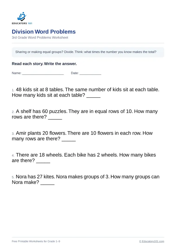 Division Word Problems worksheet 13 — 3rd Grade