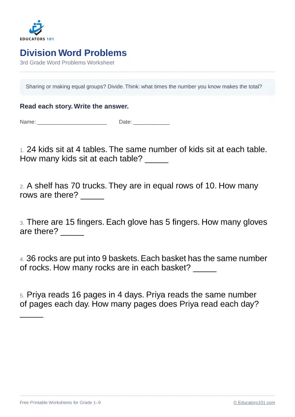 Division Word Problems worksheet 14 — 3rd Grade
