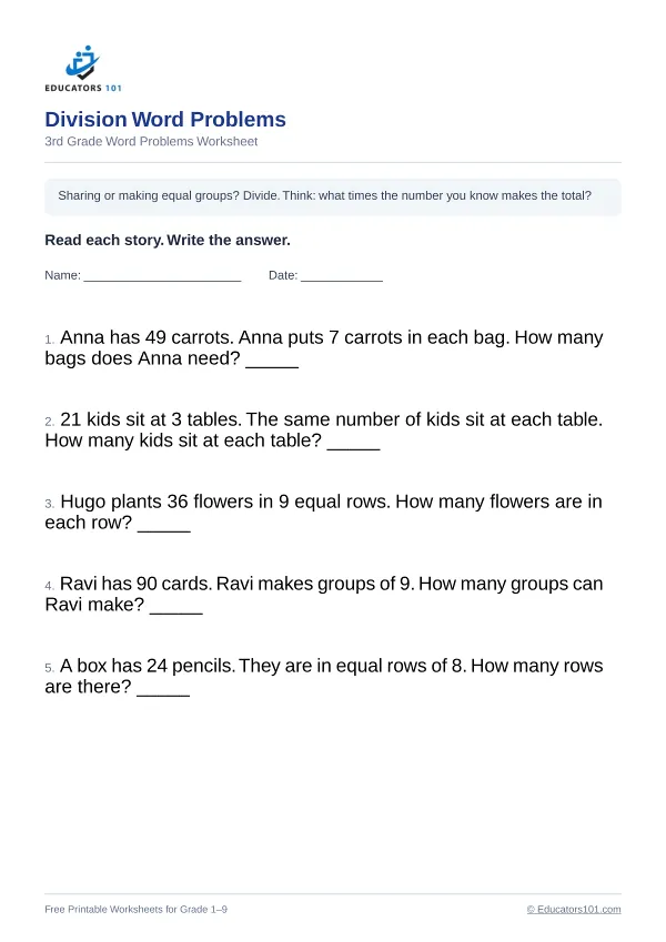 Division Word Problems worksheet 15 — 3rd Grade