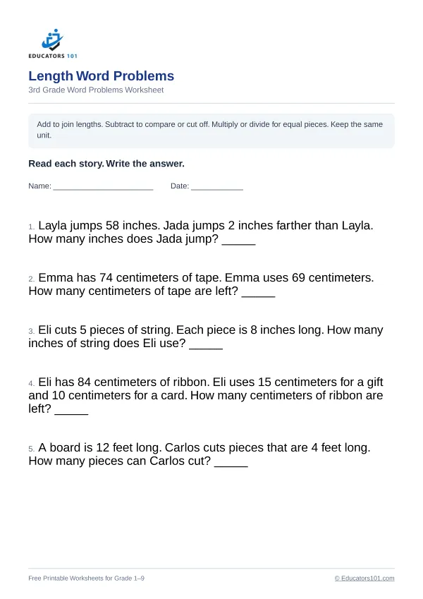 Length Word Problems worksheet 1 — 3rd Grade