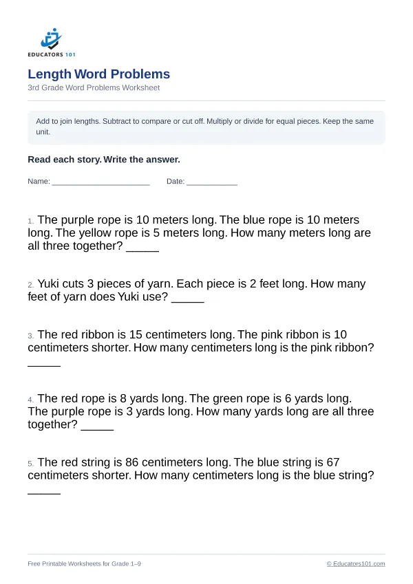 Length Word Problems worksheet 3 — 3rd Grade