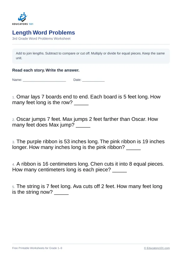 Length Word Problems worksheet 4 — 3rd Grade