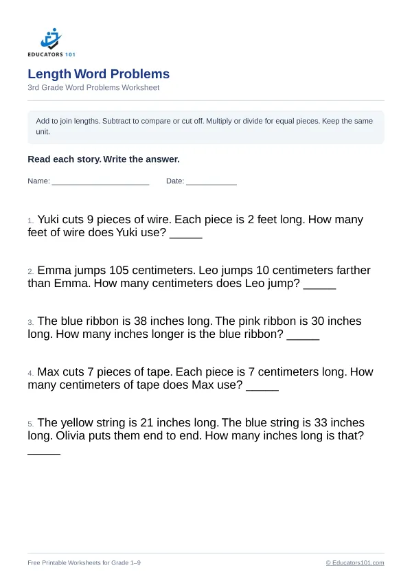 Length Word Problems worksheet 5 — 3rd Grade