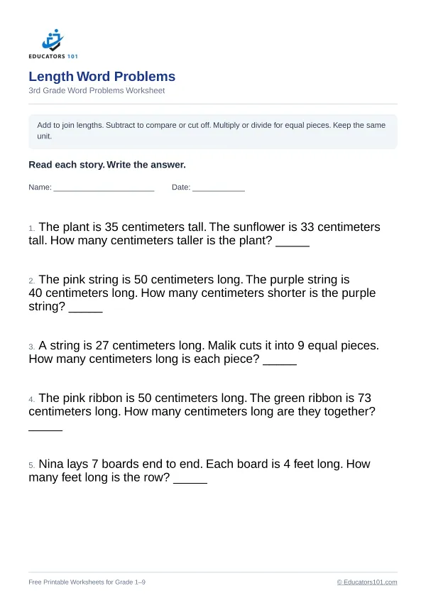 Length Word Problems worksheet 7 — 3rd Grade