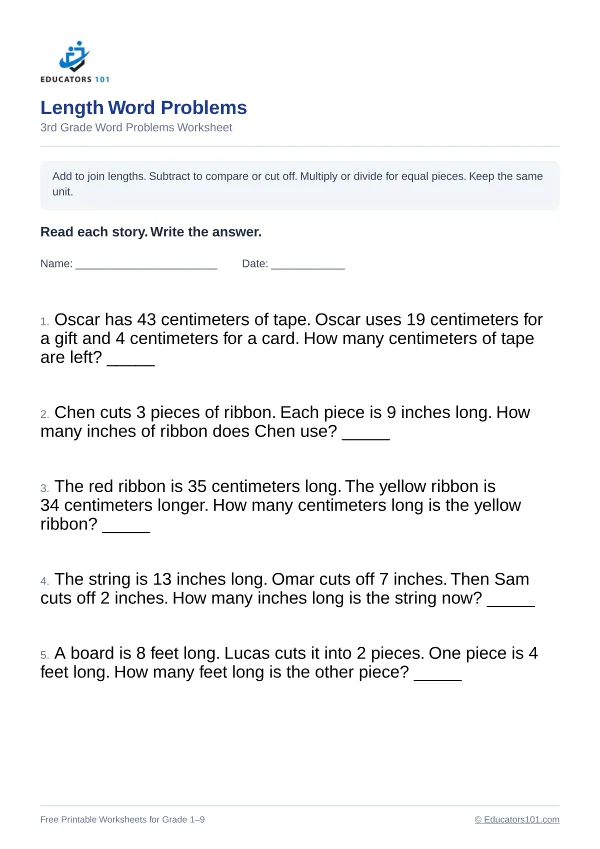 Length Word Problems worksheet 8 — 3rd Grade