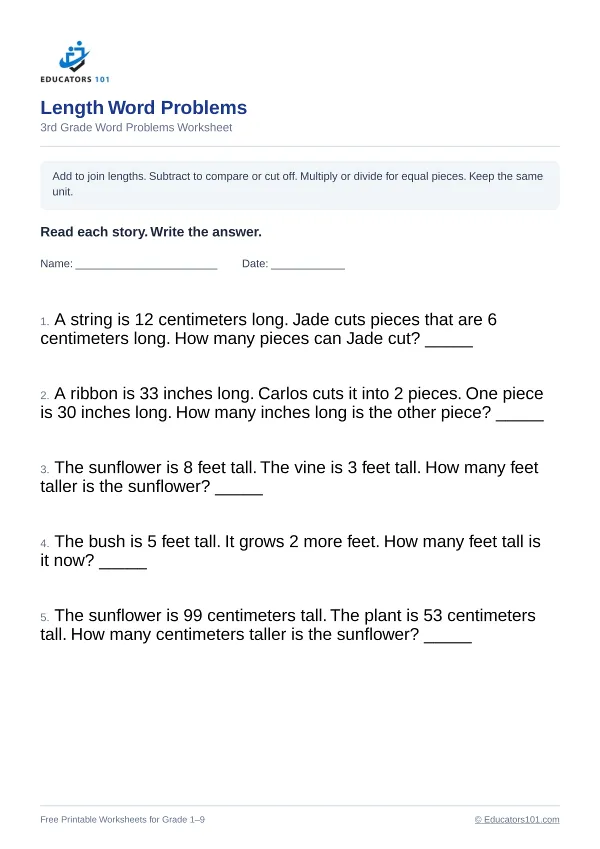 Length Word Problems worksheet 10 — 3rd Grade