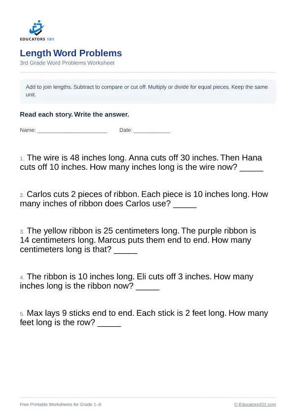 Length Word Problems worksheet 11 — 3rd Grade
