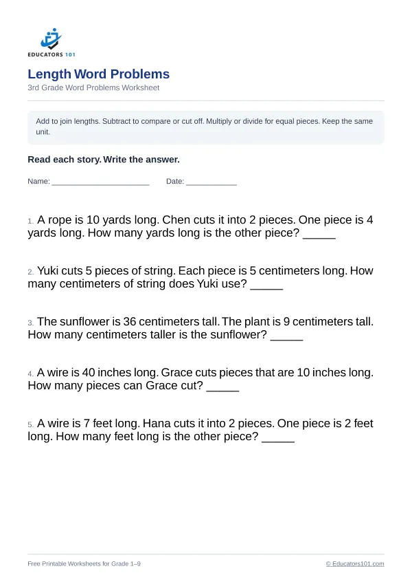 Length Word Problems worksheet 12 — 3rd Grade