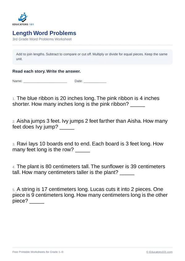 Length Word Problems worksheet 13 — 3rd Grade