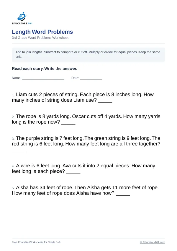 Length Word Problems worksheet 14 — 3rd Grade