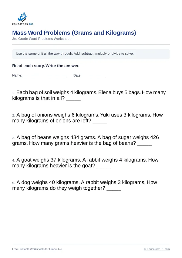 Mass Word Problems (Grams and Kilograms) worksheet 1 — 3rd Grade
