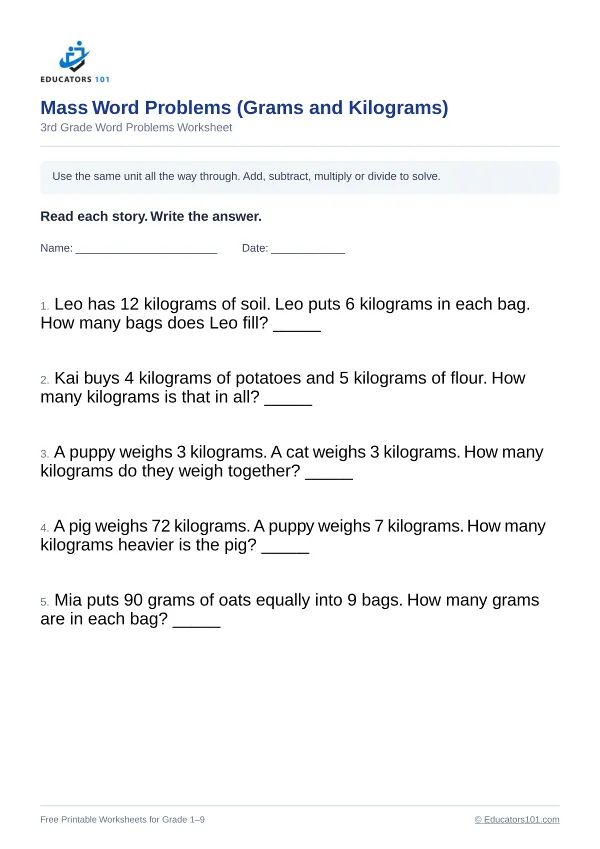 Mass Word Problems (Grams and Kilograms) worksheet 2 — 3rd Grade