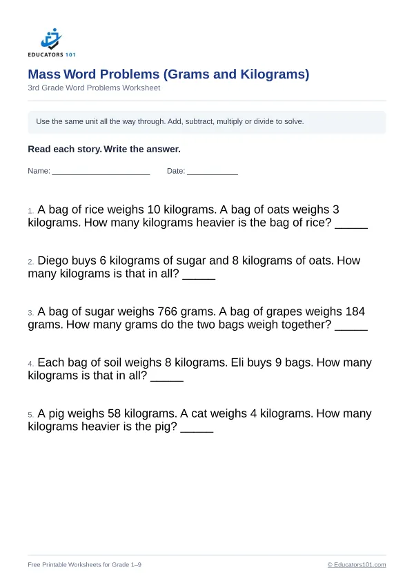 Mass Word Problems (Grams and Kilograms) worksheet 3 — 3rd Grade