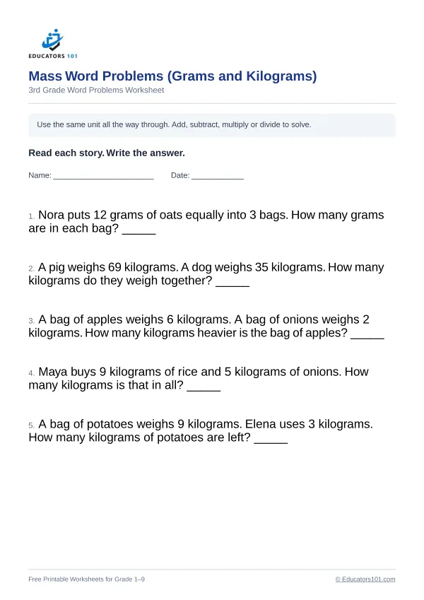 Mass Word Problems (Grams and Kilograms) worksheet 4 — 3rd Grade