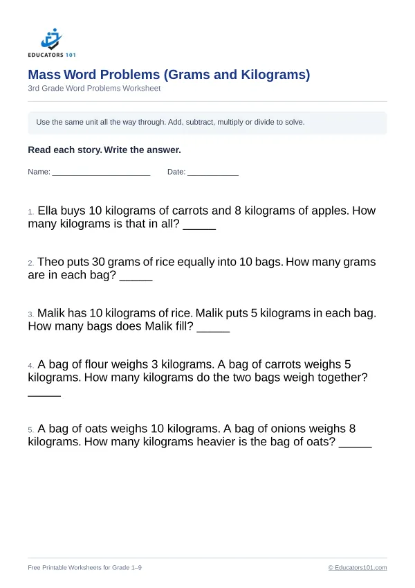 Mass Word Problems (Grams and Kilograms) worksheet 5 — 3rd Grade