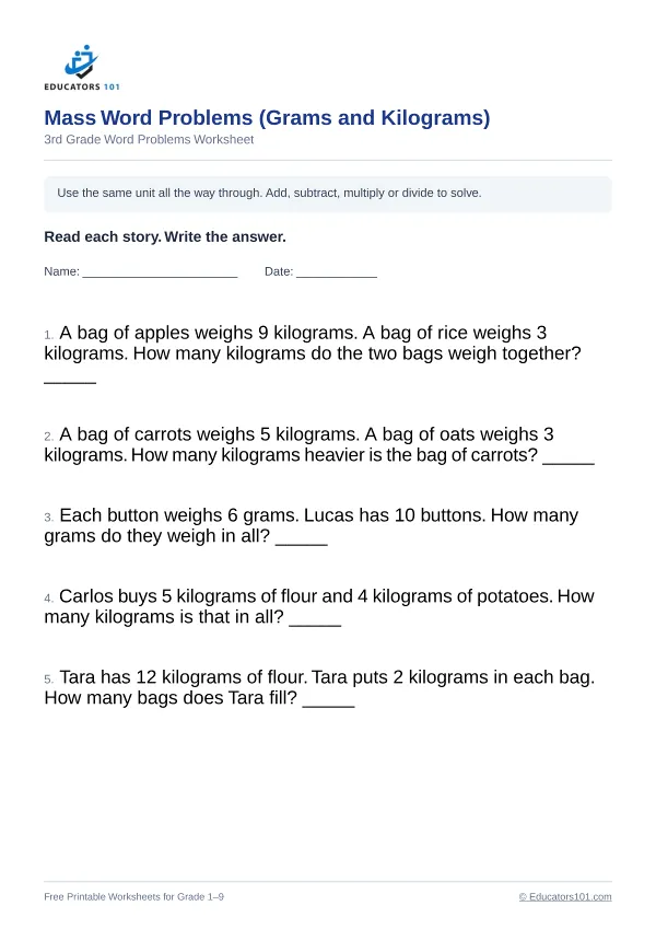Mass Word Problems (Grams and Kilograms) worksheet 6 — 3rd Grade